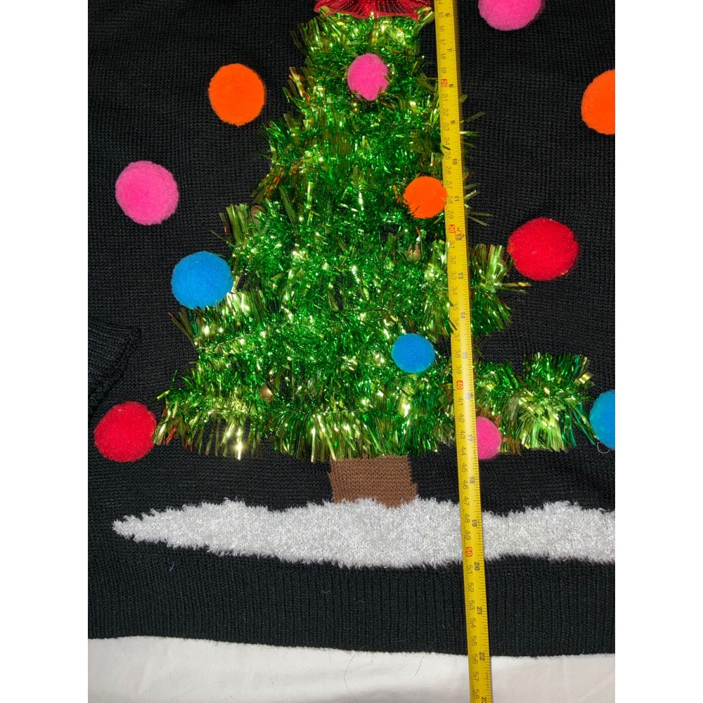 Lavender Moon Womens Black Tinsel Christmas Tree Sweater Poms Sequin Bow M READ - Picture 5 of 10
